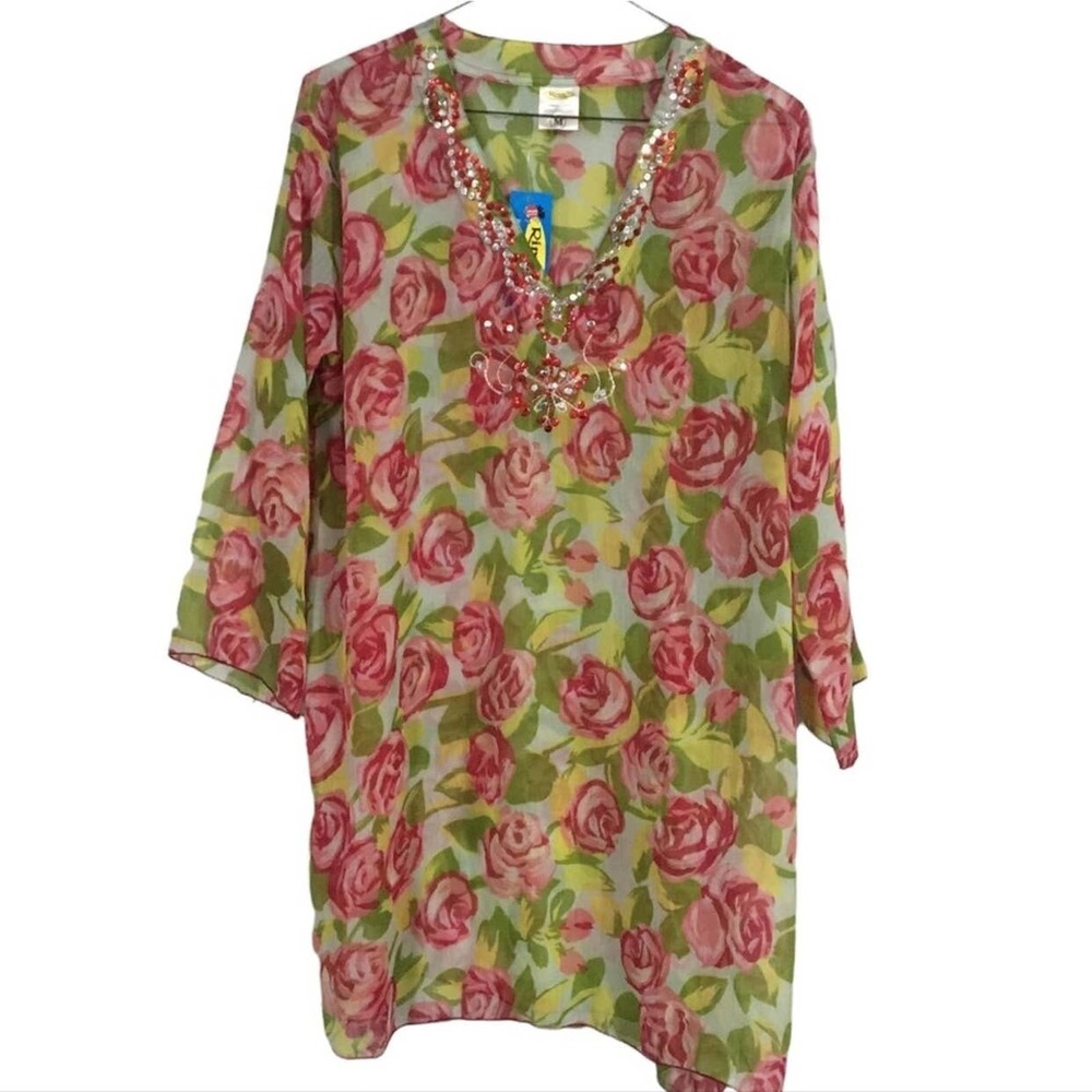 Rima Multi-colored Floral Tunic Kurti Style V-neck Top Blouse Size Medium New